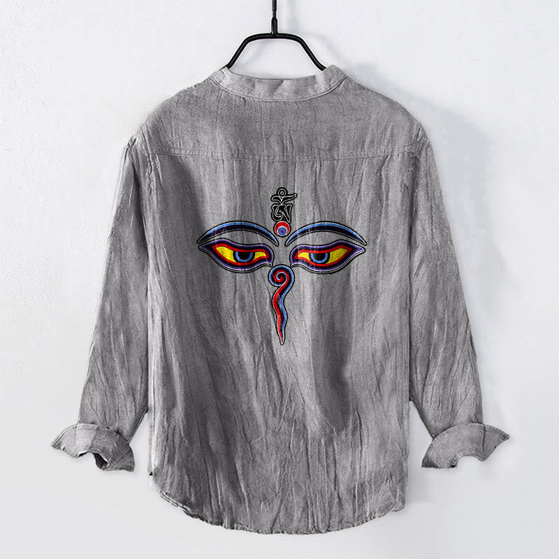 Buddha Stones Om Symbol Eyes Pattern Half Buttons Men's Cotton Linen Long Sleeve Shirt - image 2