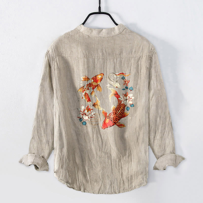 Buddha Stones Bright Koi Fish Lotus Pattern Half Buttons Men's Cotton Linen Long Sleeve Shirt - Linen - US/UK/AU50，EU60 (5XL) - image 3