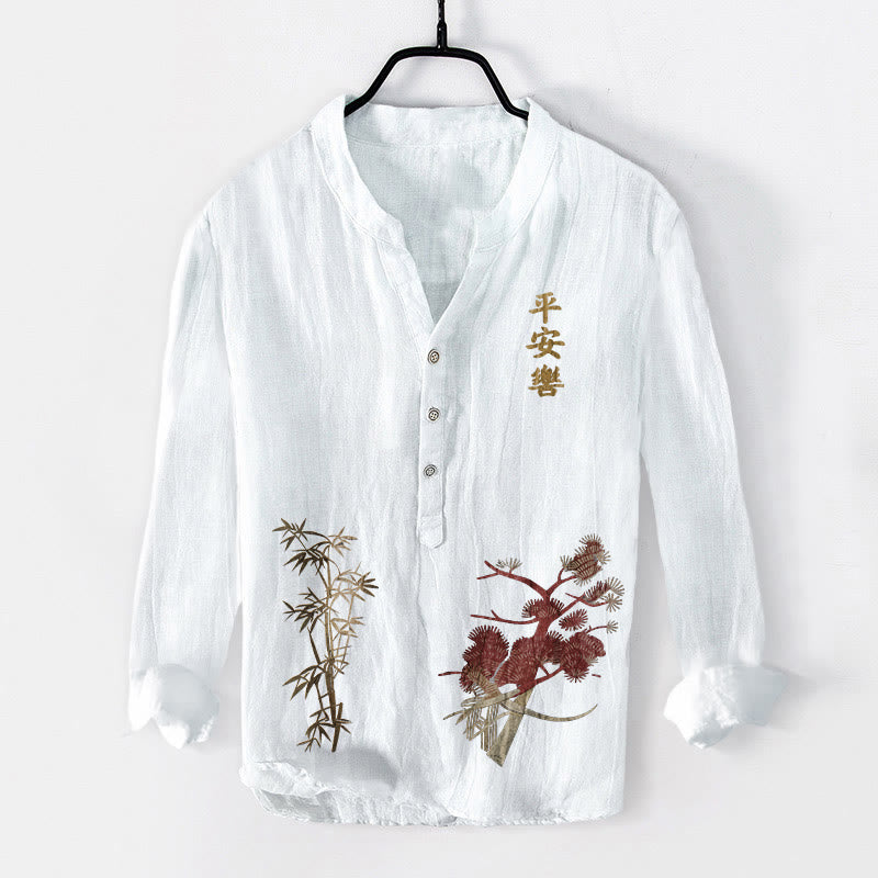 Buddha Stones Chinese Characters Pine Bamboo Half Buttons Men's Cotton Linen Long Sleeve Shirt - White - US/UK/AU50，EU60 (5XL) - image 0