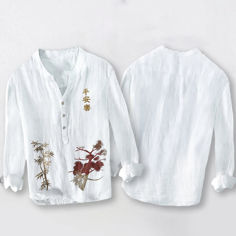 Buddha Stones Chinese Characters Pine Bamboo Half Buttons Men's Cotton Linen Long Sleeve Shirt - image 2