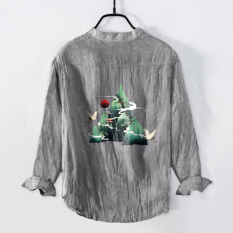 Buddha Stones Red Sun Mountain Crane Pattern Half Buttons Men's Cotton Linen Long Sleeve Shirt - image 2
