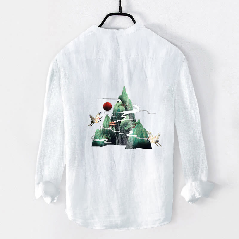 Buddha Stones Red Sun Mountain Crane Pattern Half Buttons Men's Cotton Linen Long Sleeve Shirt - image 8