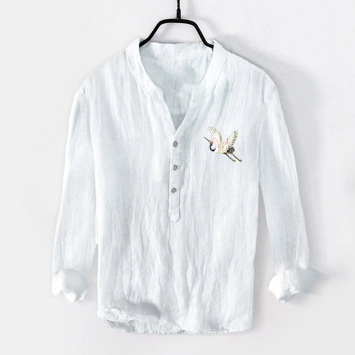 Buddha Stones Red Sun Mountain Crane Pattern Half Buttons Men's Cotton Linen Long Sleeve Shirt - image 7