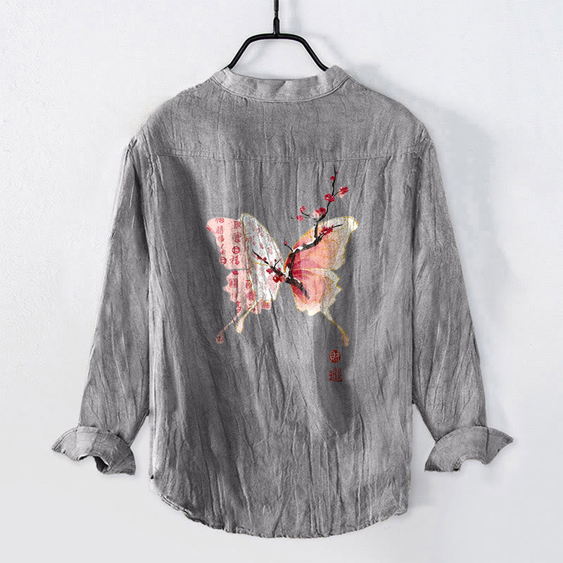 Buddha Stones Butterfly Plum Bossom Pattern Half Buttons Men's Cotton Linen Long Sleeve Shirt - image 2
