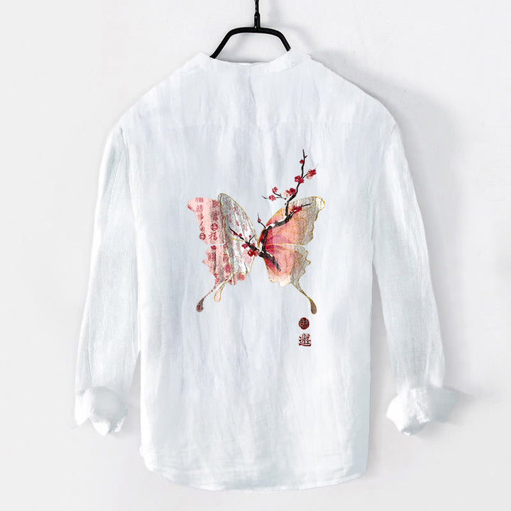 Buddha Stones Butterfly Plum Bossom Pattern Half Buttons Men's Cotton Linen Long Sleeve Shirt - image 8