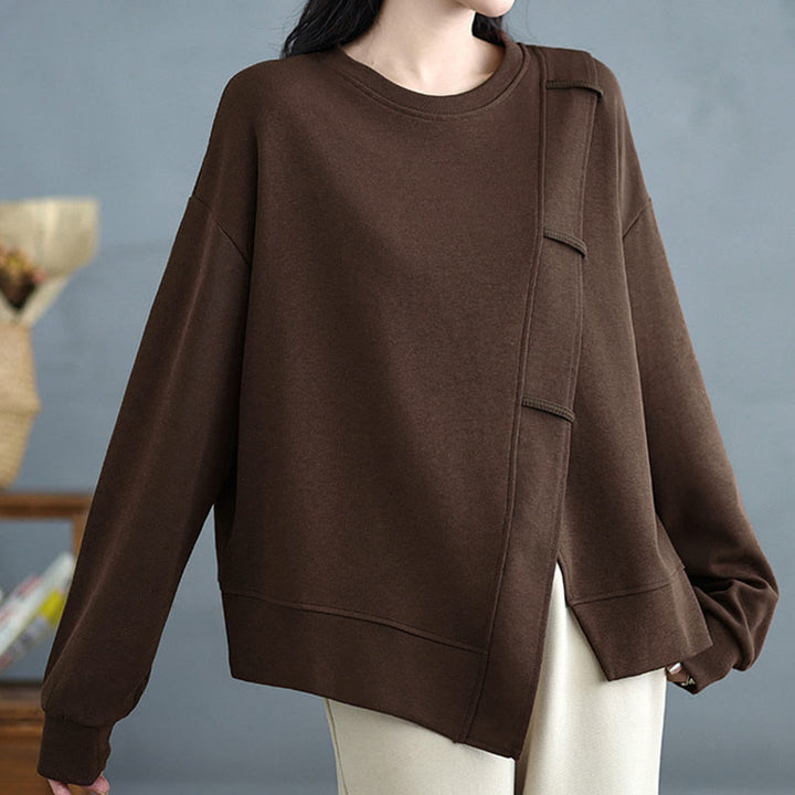 Buddha Stones Fall Solid Color Asymmetrical Design Crew Neck Long Sleeve Women's Cotton Sweatshirt - image 4