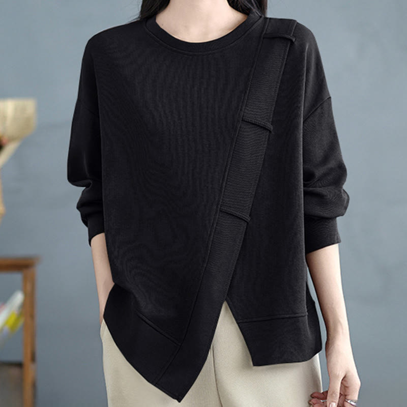 Buddha Stones Fall Solid Color Asymmetrical Design Crew Neck Long Sleeve Women's Cotton Sweatshirt - image 23