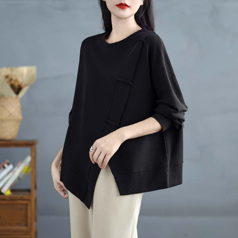 Buddha Stones Fall Solid Color Asymmetrical Design Crew Neck Long Sleeve Women's Cotton Sweatshirt - Black - US12，UK/AU16，EU44 (3XL) - image 20