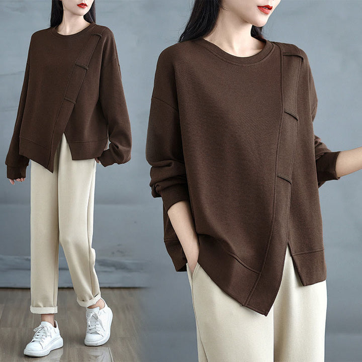 Buddha Stones Fall Solid Color Asymmetrical Design Crew Neck Long Sleeve Women's Cotton Sweatshirt - image 5