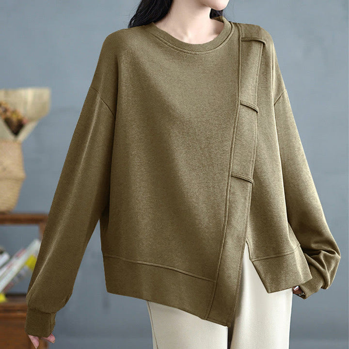 Buddha Stones Fall Solid Color Asymmetrical Design Crew Neck Long Sleeve Women's Cotton Sweatshirt - image 18