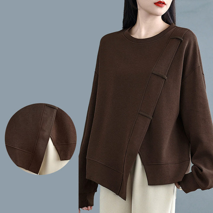 Buddha Stones Fall Solid Color Asymmetrical Design Crew Neck Long Sleeve Women's Cotton Sweatshirt - image 9