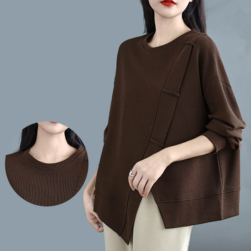 Buddha Stones Fall Solid Color Asymmetrical Design Crew Neck Long Sleeve Women's Cotton Sweatshirt - image 6