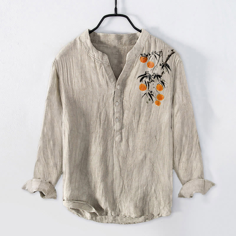 Buddha Stones Elegant Orange Tree Pattern Half Buttons Men's Cotton Linen Long Sleeve Shirt - Linen - US/UK/AU50，EU60 (5XL) - image 0