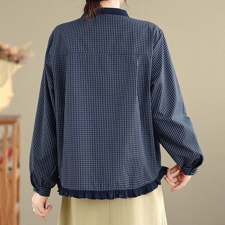 Buddha Stones Fall Plaid Striped Pattern Ruffled Hem Buttons Women's Cotton Long Sleeve Shirt - image 4