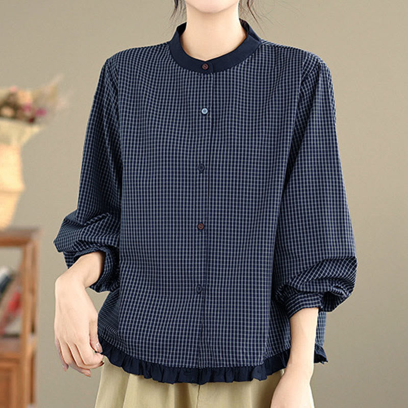Buddha Stones Fall Plaid Striped Pattern Ruffled Hem Buttons Women's Cotton Long Sleeve Shirt - image 2