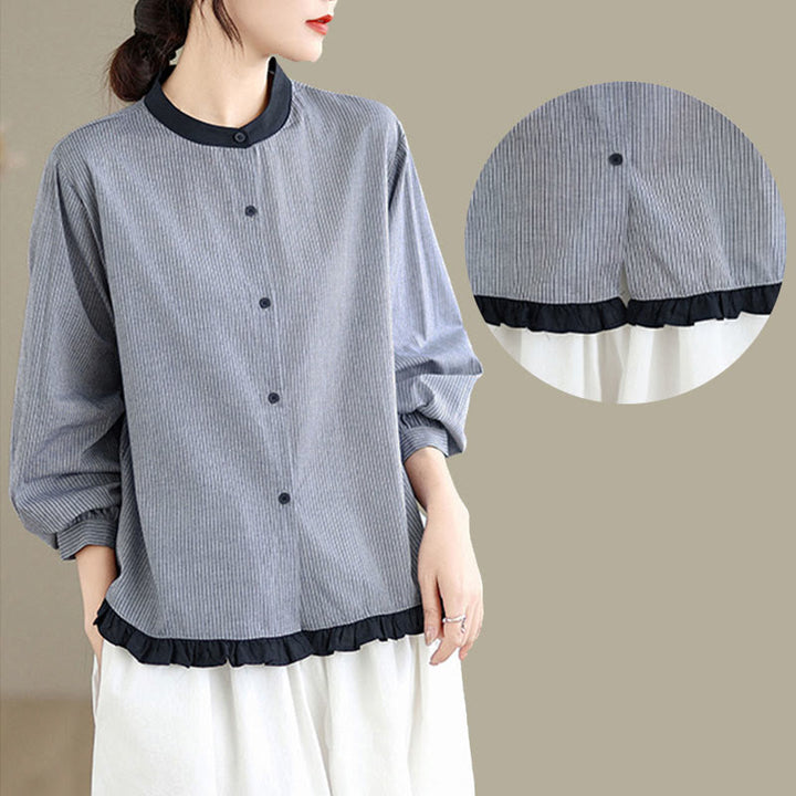 Buddha Stones Fall Plaid Striped Pattern Ruffled Hem Buttons Women's Cotton Long Sleeve Shirt - image 15