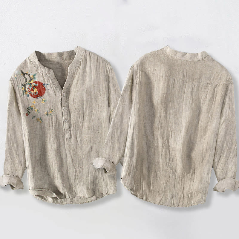 Buddha Stones Osmanthus Red Sun Pattern Half Buttons Men's Cotton Linen Long Sleeve Shirt - image 2