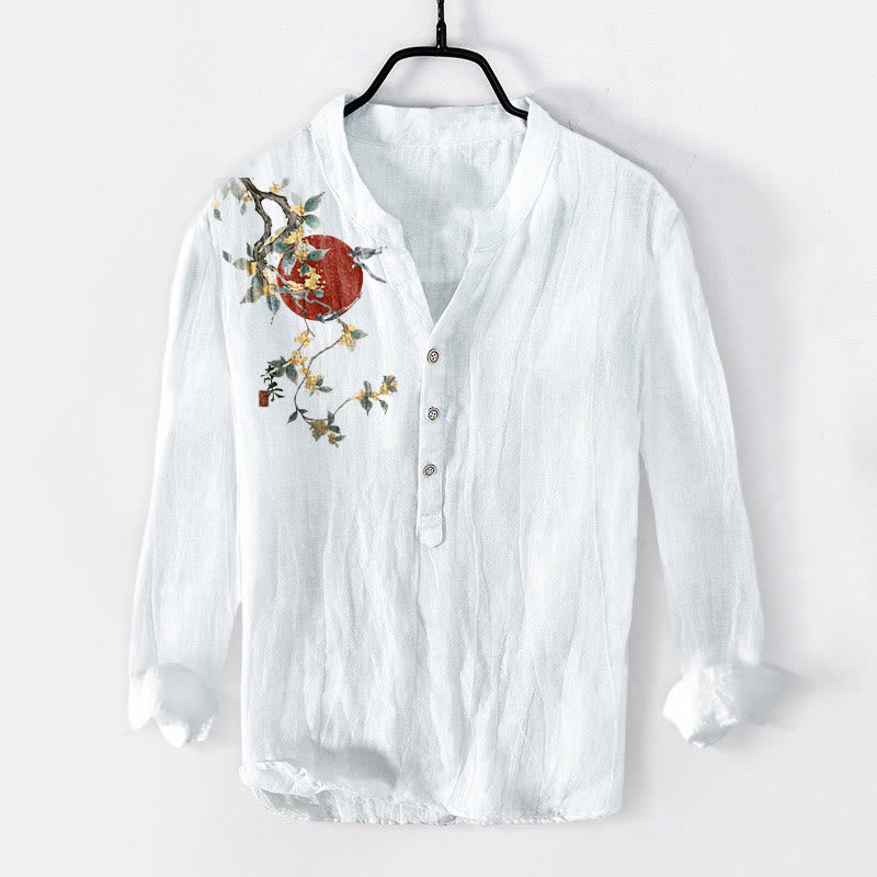 Buddha Stones Osmanthus Red Sun Pattern Half Buttons Men's Cotton Linen Long Sleeve Shirt - White - US/UK/AU50，EU60 (5XL) - image 6