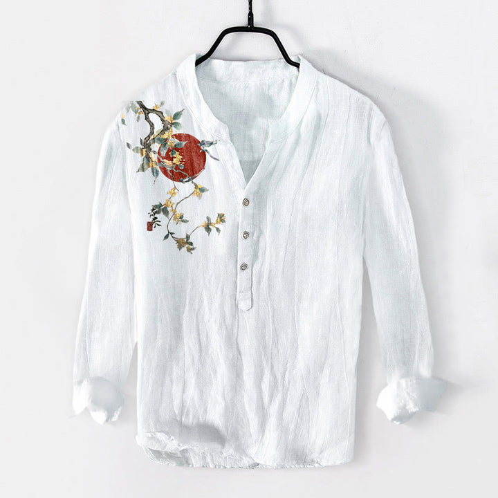 Buddha Stones Osmanthus Red Sun Pattern Half Buttons Men's Cotton Linen Long Sleeve Shirt - White - US/UK/AU50，EU60 (5XL) - image 6