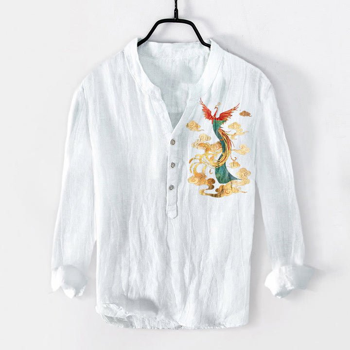 Buddha Stones Bright Phoenix Cloud Pattern Half Buttons Men's Cotton Linen Long Sleeve Shirt - White - US/UK/AU50，EU60 (5XL) - image 6