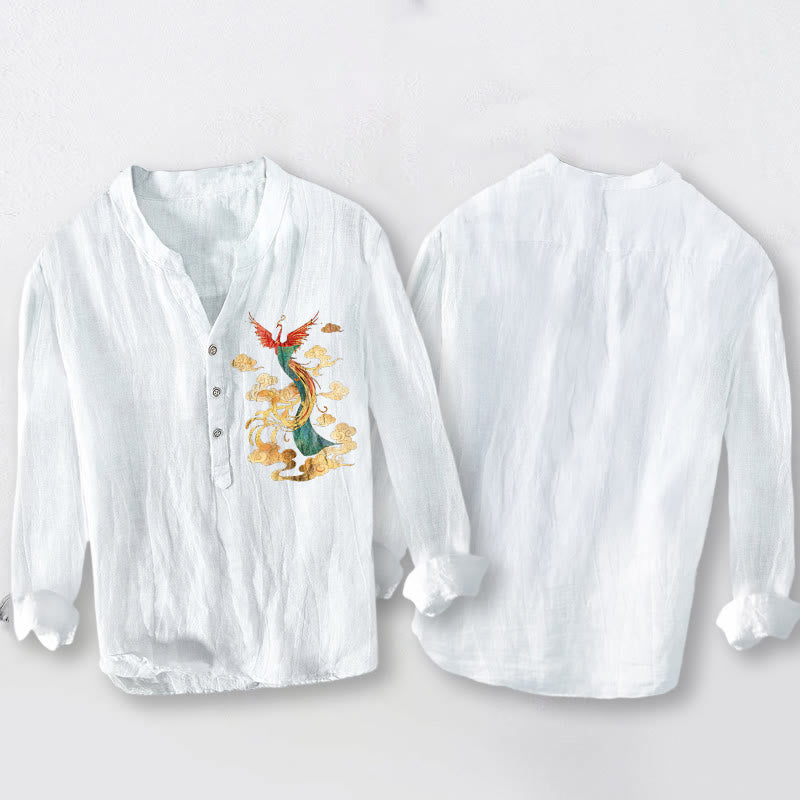 Buddha Stones Bright Phoenix Cloud Pattern Half Buttons Men's Cotton Linen Long Sleeve Shirt - image 8