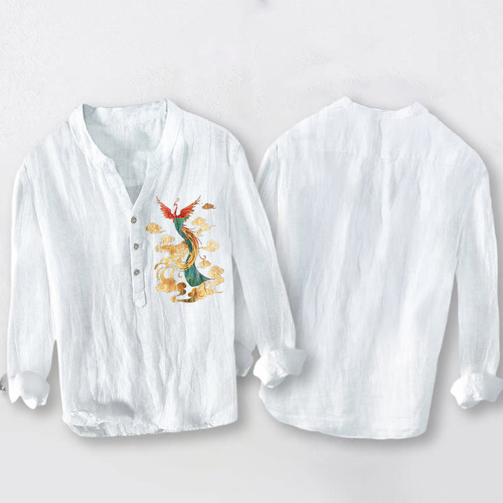Buddha Stones Bright Phoenix Cloud Pattern Half Buttons Men's Cotton Linen Long Sleeve Shirt - image 8