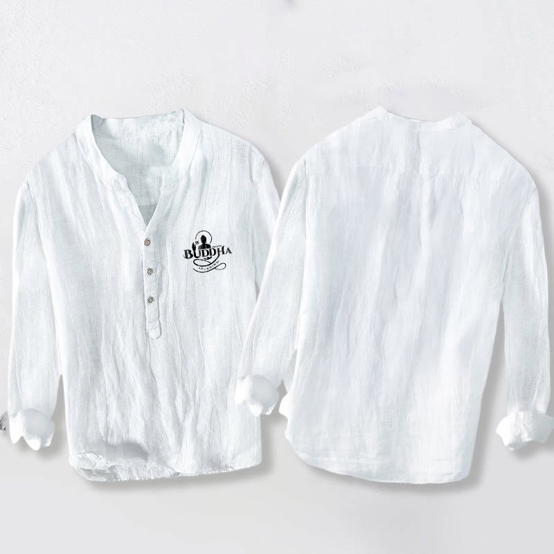 Buddha Stones Buddha Image Lotus Word Pattern Half Buttons Men's Cotton Linen Long Sleeve Shirt - image 5