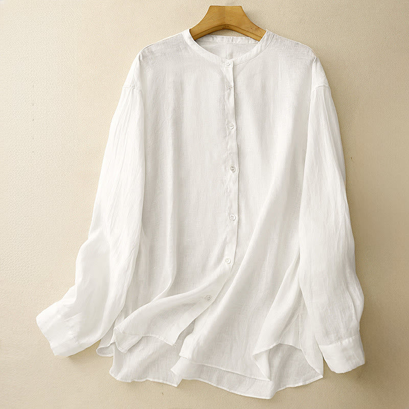 Buddha Stones Solid Color Crew Neck Buttons Design Women's Long Sleeve Shirt - White - US8-10，UK/AU12-14，EU40-42 (2XL) - image 7