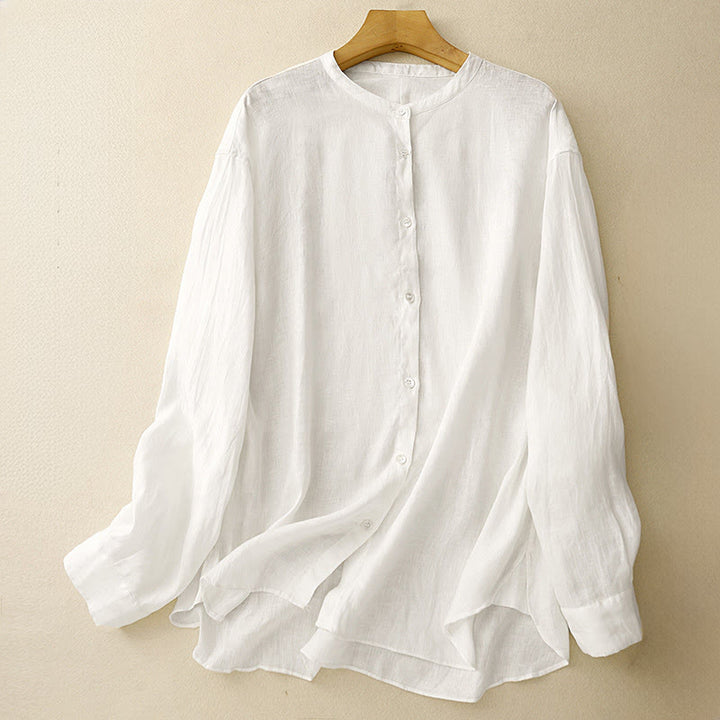 Buddha Stones Solid Color Crew Neck Buttons Design Women's Cotton Long Sleeve Shirt - White - US8-10，UK/AU12-14，EU40-42 (2XL) - image 7