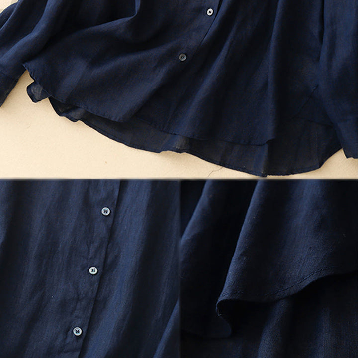 Buddha Stones Solid Color Crew Neck Buttons Design Women's Cotton Long Sleeve Shirt - image 5