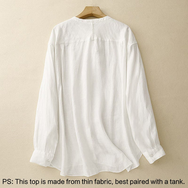 Buddha Stones Solid Color Crew Neck Buttons Design Women's Cotton Long Sleeve Shirt - image 9