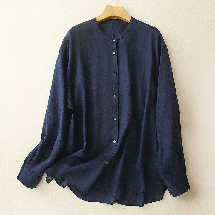 Buddha Stones Solid Color Crew Neck Buttons Design Women's Long Sleeve Shirt - MidnightBlue - US8-10，UK/AU12-14，EU40-42 (2XL) - image 0