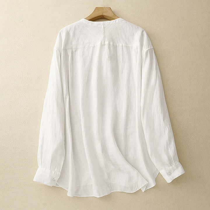 Buddha Stones Solid Color Crew Neck Buttons Design Women's Long Sleeve Shirt - image 8