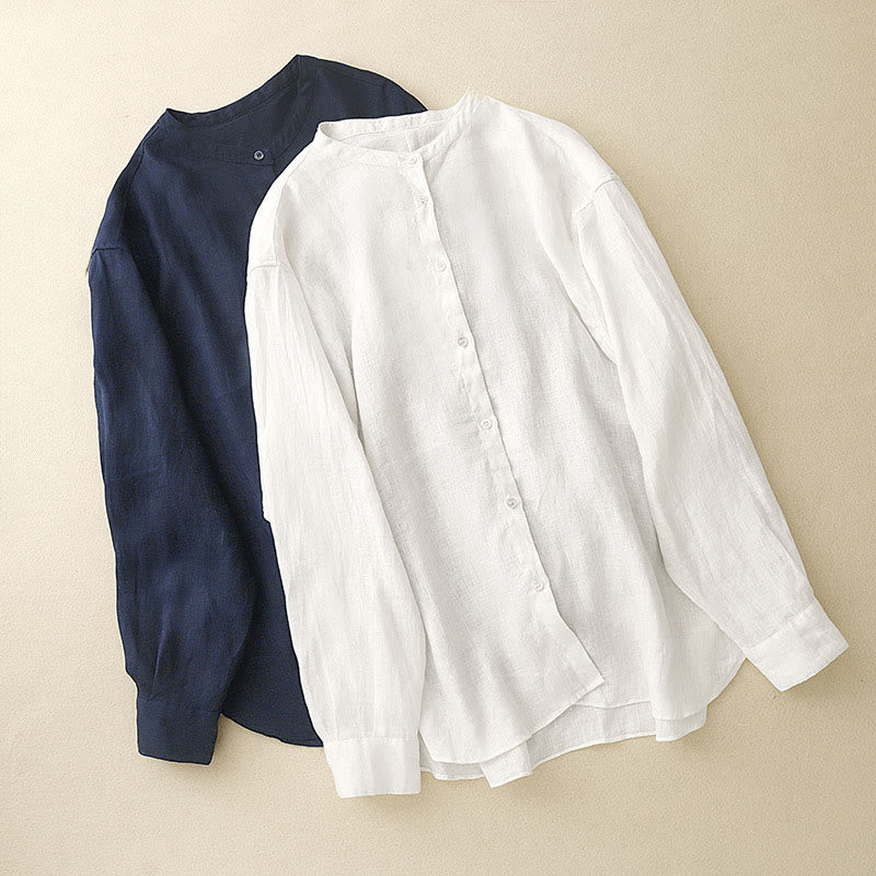 Buddha Stones Solid Color Crew Neck Buttons Design Women's Cotton Long Sleeve Shirt - image 16