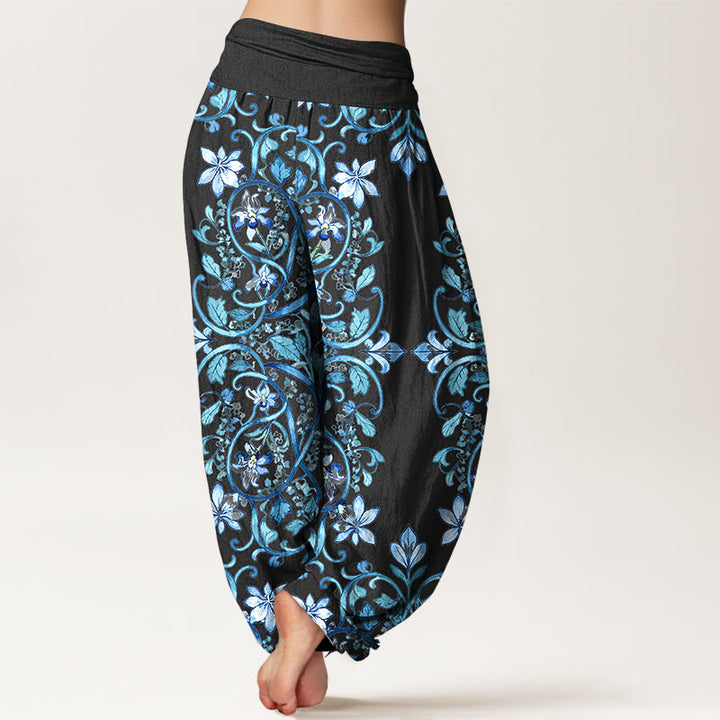 Buddha Stones Cotton Symmetrical Flower Vines Leaves Pattern Women's Elastic Waist Harem Pants - image 1