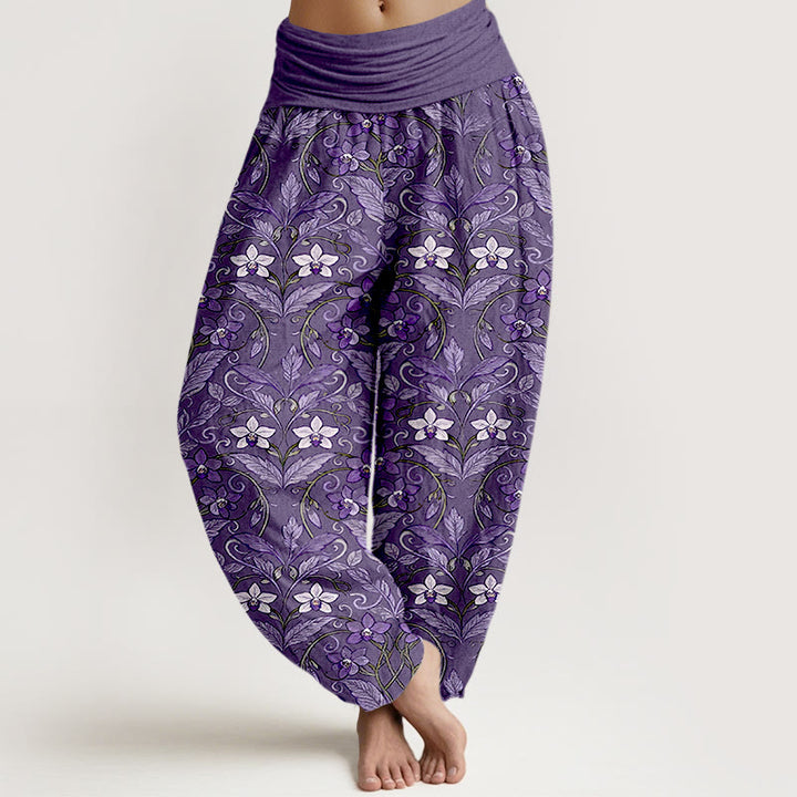 Buddha Stones Cotton Star Shaped Flowers Leaves Pattern Women's Elastic Waist Harem Pants - MediumPurple - US16，UK/AU20，EU48 (3XL) - image 11