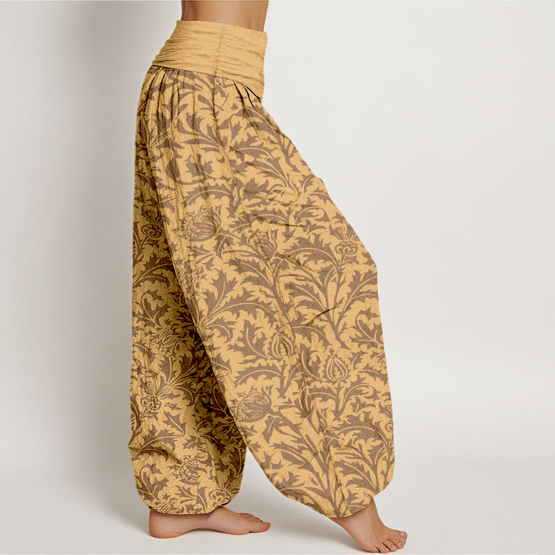 Buddha Stones Cotton Flowers Buds Serrated Leaves Pattern Women's Elastic Waist Harem Pants - image 7