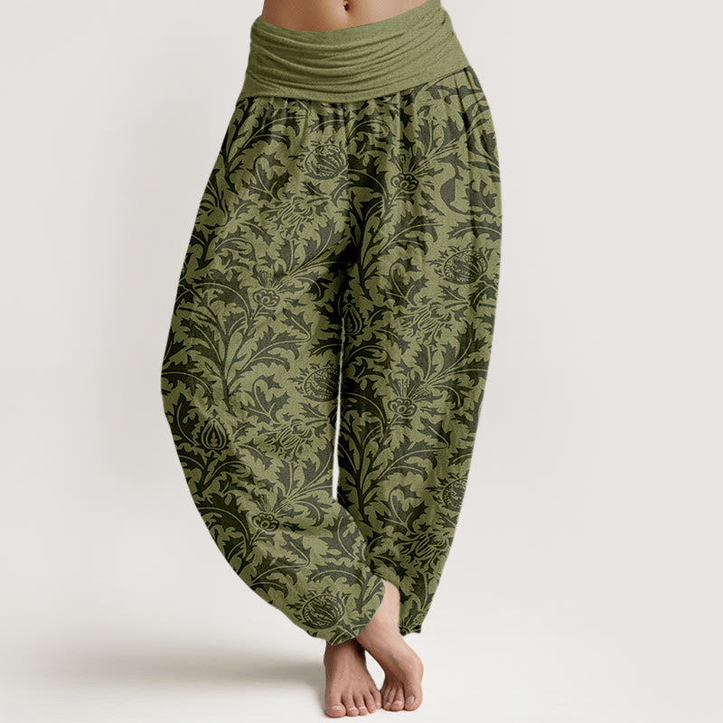 Buddha Stones Cotton Flowers Buds Serrated Leaves Pattern Women's Elastic Waist Harem Pants - DarkOliveGreen - US16，UK/AU20，EU48 (3XL) - image 8
