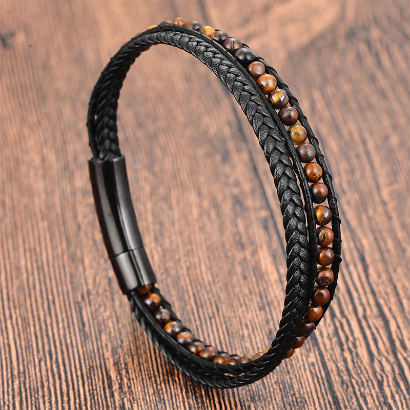 Buddha Stones Tiger Eye Titanium Steel Protection Strengthen Leather Bracelet - Tiger Eye(Wrist Circumference: 18-19cm) - image 0