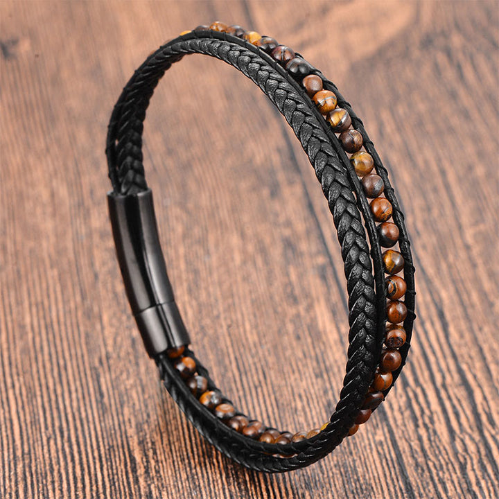 Buddha Stones Tiger Eye Titanium Steel Protection Strengthen Leather Bracelet - Tiger Eye(Wrist Circumference: 18-19cm) - image 0