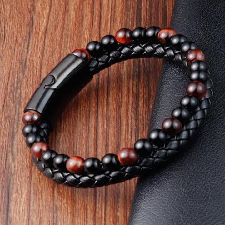Buddha Stones Black Onyx Tiger Eye Titanium Steel Leather Protection Bracelet - Red Tiger Eye(Wrist Circumference: 18-19cm) - image 0
