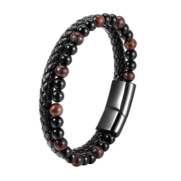 Buddha Stones Black Onyx Tiger Eye Titanium Steel Leather Protection Bracelet - image 2