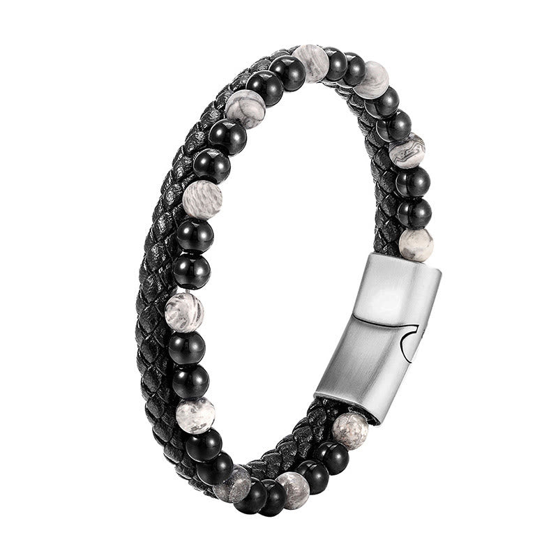 Buddha Stones Black Onyx Grey Jasper Titanium Steel Stability Leather Bracelet - image 9