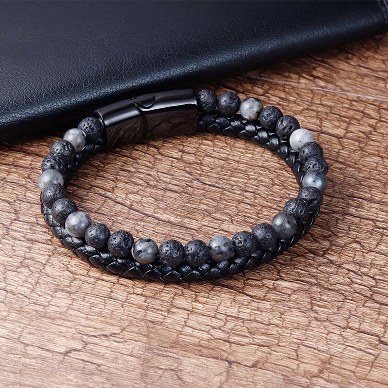 Buddha Stones Lava Rock Titanium Steel Calm Leather Bracelet - image 1