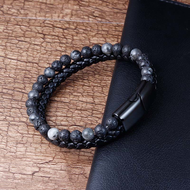 Buddha Stones Lava Rock Titanium Steel Calm Leather Bracelet - image 2