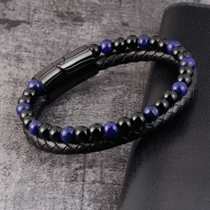 Buddha Stones Black Onyx Lazurite Titanium Steel Positive Self Care Leather Bracelet - image 2