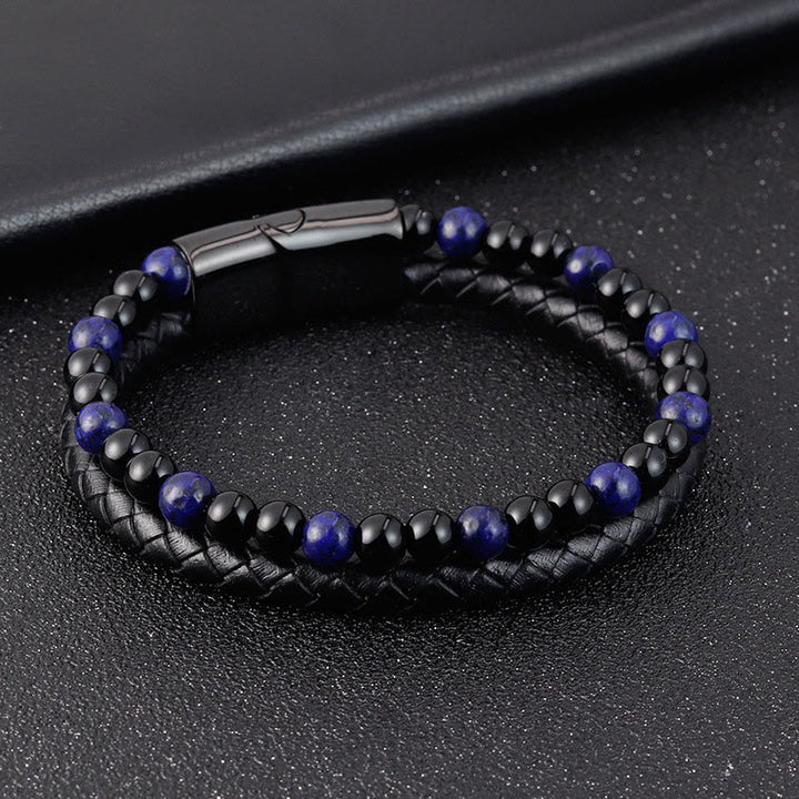 Buddha Stones Black Onyx Lazurite Titanium Steel Positive Self Care Leather Bracelet - image 3