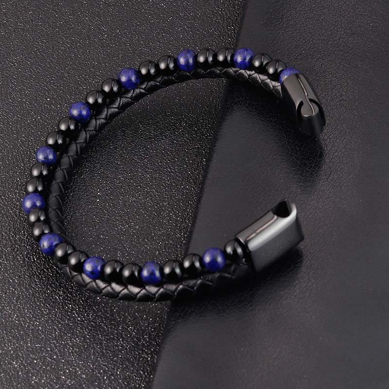 Buddha Stones Black Onyx Lazurite Titanium Steel Positive Self Care Leather Bracelet - image 11