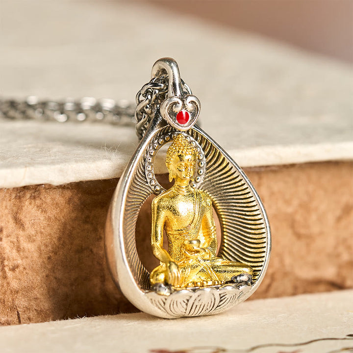 Buddha Stones Green Tara Shakyamuni Buddha Copper Plated Silver Curb Chain Luck Pendant Necklace - image 10