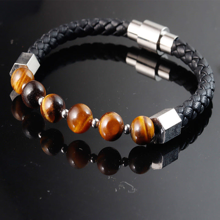 Buddha Stones Tiger Eye Titanium Steel Courage Balance Leather Bracelet - image 2